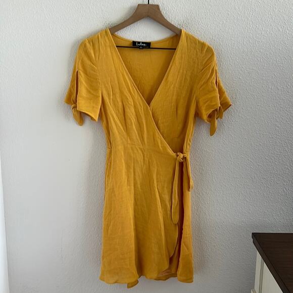Lulu's Harbor Point Mustard Yellow Flutter Sleeve Wrap Dress Small - Picture 2 of 8